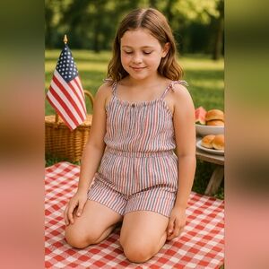 Old Navy Girls Red White Blue Striped Romper Size L (10–12) Plus Americana